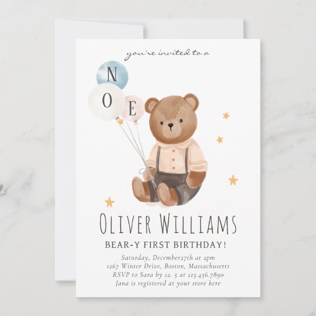 Convite Invitation bear 1st birthday blue balloon (Frente)