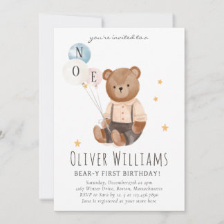 Convite Invitation bear 1st birthday blue balloon