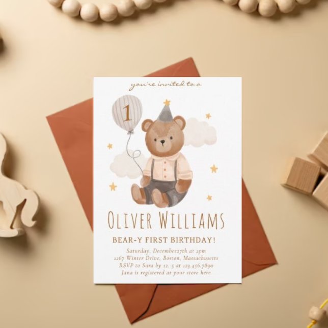 Convite Invitation bear 1st birthday blue balloon (Criador carregado)