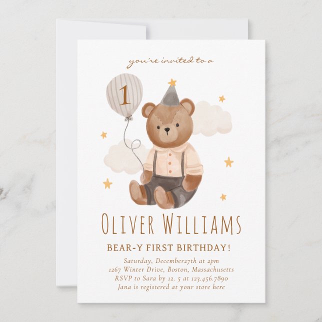 Convite Invitation bear 1st birthday blue balloon (Frente)