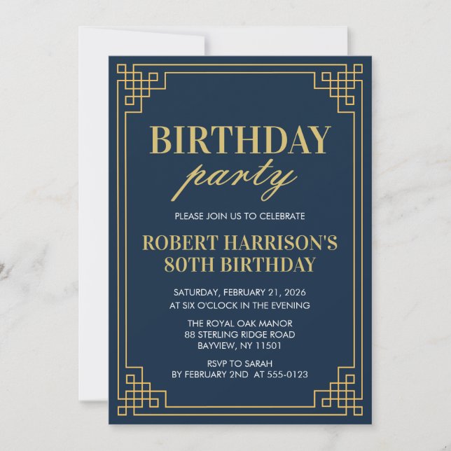 Convite Invitation Birthday Party Navy Gold Art Deco 80th (Frente)