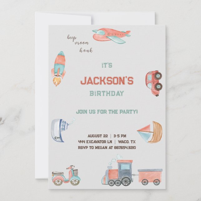 Convite Invitation boys transport birthday (Frente)