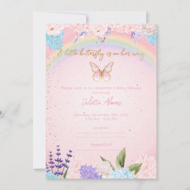 Convite Invitation Butterflies Rainbow Flowers pink gold (Frente)