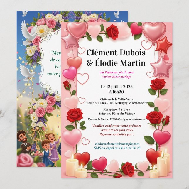 Convite Invitation de Mariage Romantique aux Fleurs  (Frente/Verso)