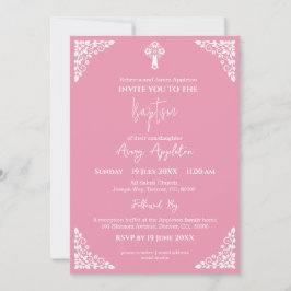 Convite Invitation Floral Cross Baptism Rose Pink