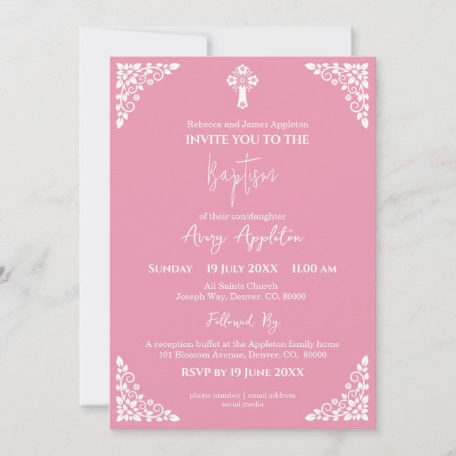 Convite Invitation Floral Cross Baptism Rose Pink (Frente)