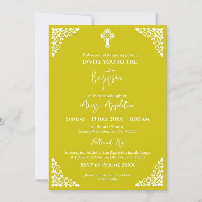 Convite Invitation Floral Cross Baptism Yellow (Frente)