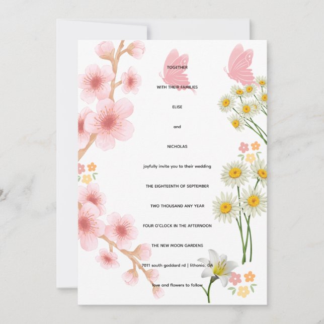 Convite Invitation florale rose et marguerites | Mariage (Frente)