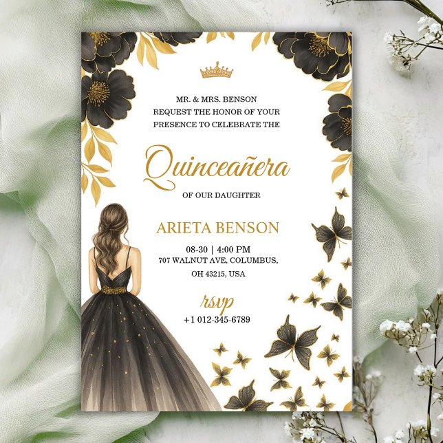 Convite Invitation for a Quinceañera with elegant floral  (Criador carregado)