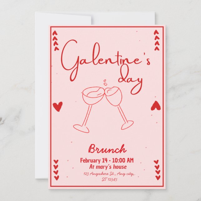 Convite Invitation galentines day brunch red and pink (Frente)