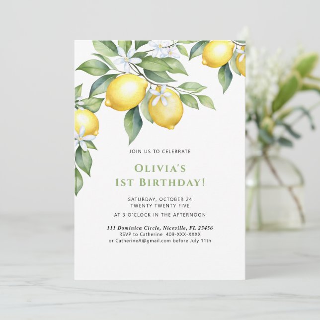 Convite Invitation Lemon citrus 1st birthday. (Em pé/Frente)