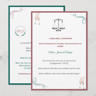 Convite Invitation PACS ou Fiançailles Chic