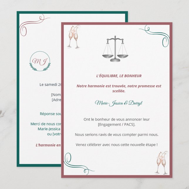 Convite Invitation PACS ou Fiançailles Chic (Frente/Verso)