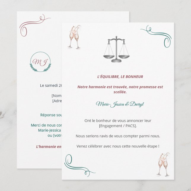 Convite Invitation PACS ou Fiançailles Chic (Frente/Verso)