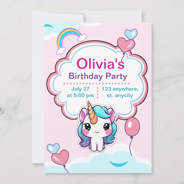 Convite Invitation Personnalisée Licorne Anniversair tout  (Frente)