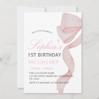 Convite Invitation Pink Bow 1st Birthday Girl F