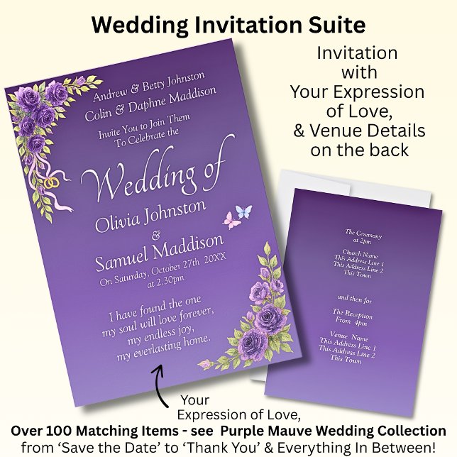 Convite Invitation Purple Mauve Flowers Wedding Suite (Criador carregado)