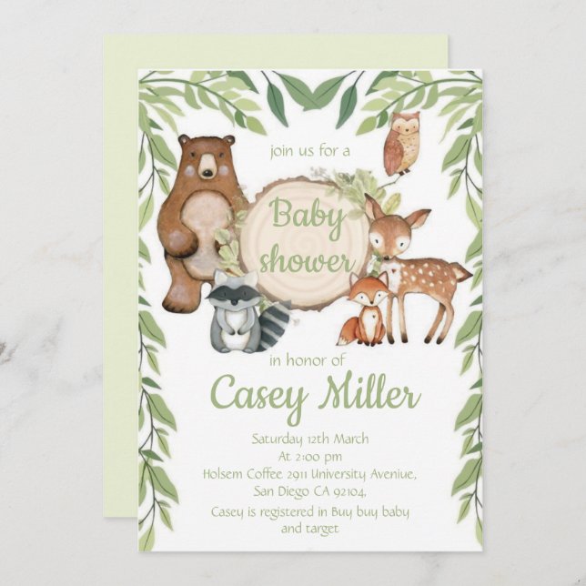 Convite Invitation Rustic Woodland Forest Animal Baby show (Frente/Verso)