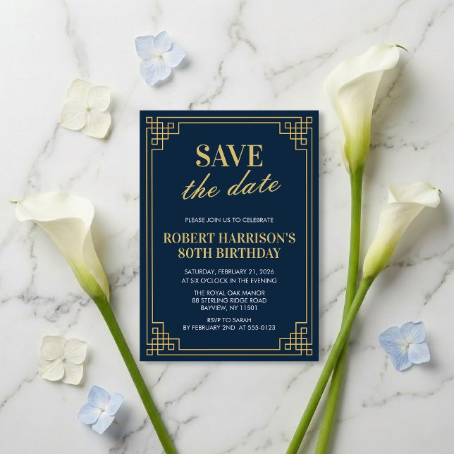 Convite Invitation Save the Date Navy Gold 80th Birthday  (SEE FULL SUITE AT BOTTOM)