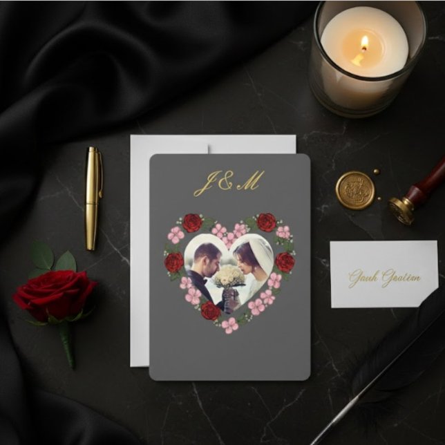 Convite Invitation Slate Grey Gold Rose Heart Wedding (Criador carregado)
