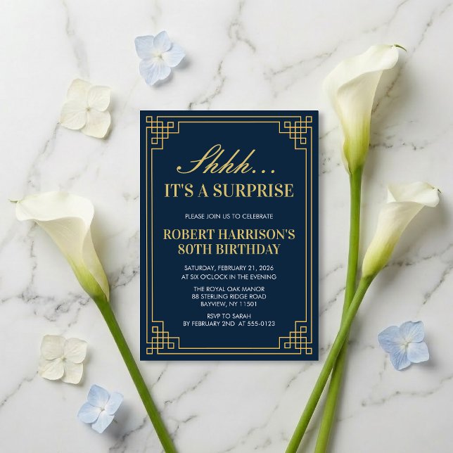 Convite Invitation Surprise Party Navy Gold 80th Birthday (SEE FULL SUITE AT BOTTOM)