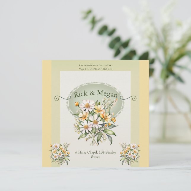 Convite Invitation wedding card, daisies charm (Em pé/Frente)