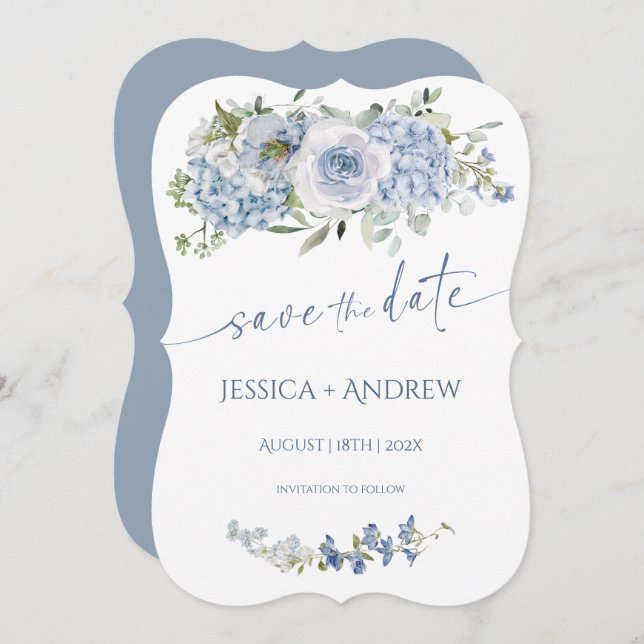 Convite InvitationElegant Blue Floral Wedding Salvar Data (Frente/Verso)