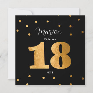 Convite invitationpersonnal 18 ans anniversaire noir et or