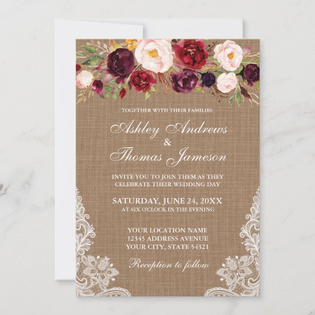 Convite Invite Luzes Florais De Burlap Rustic Casamento (Frente)