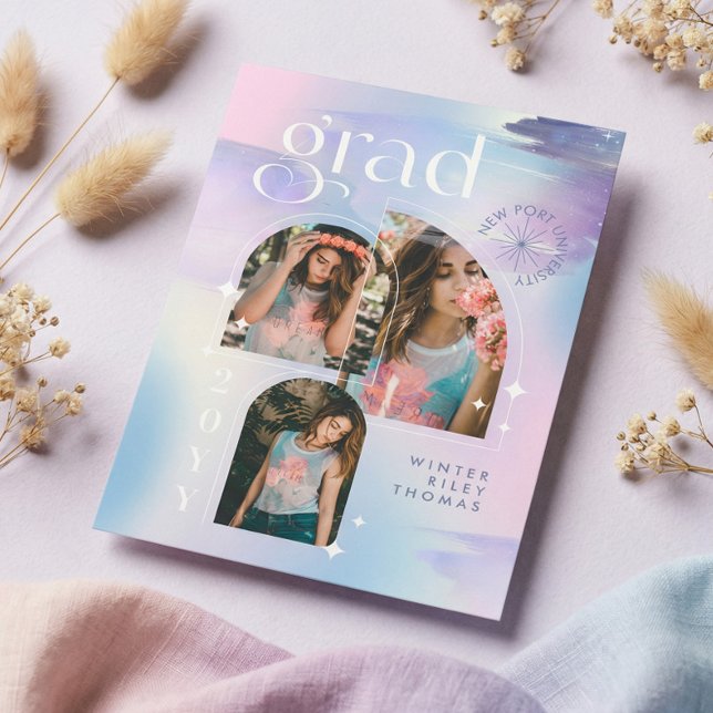 Convite Iridescent Pastel Watercolor Starry 3 Photo Grad (Iridescent Pastel Watercolor Starry 3 Photo Grad Invitation)