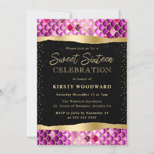 Convite Iridescente e Dourado Escamas de Sereia Sweet 16