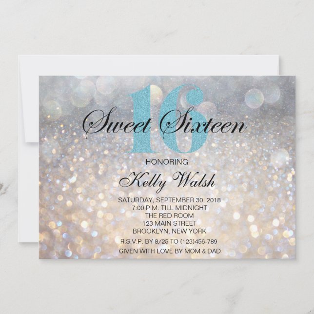 Convite Iridescente Sweet 16 Light Blue Glitter Invitation (Frente)