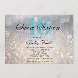 Convite Iridescente Sweet 16 Light Blue Glitter Invitation