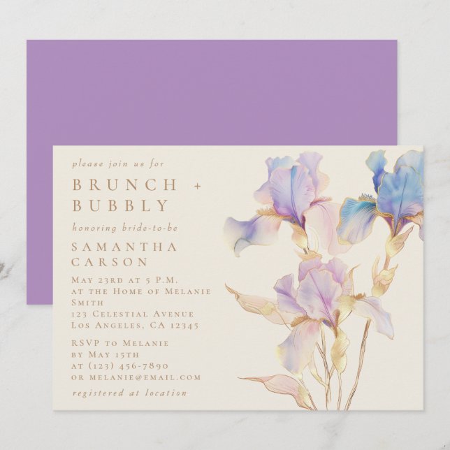 Convite Iris Floral Watercolor Brunch e Bubble (Frente/Verso)