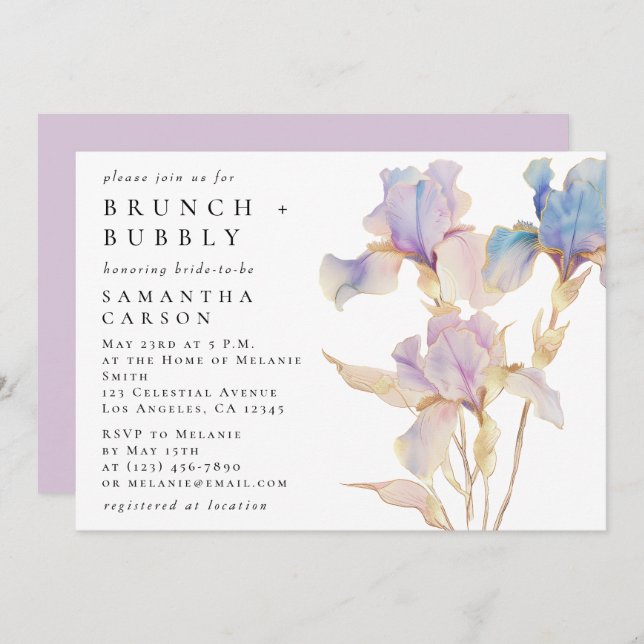 Convite Iris Floral Watercolor Brunch e Bubble (Frente/Verso)
