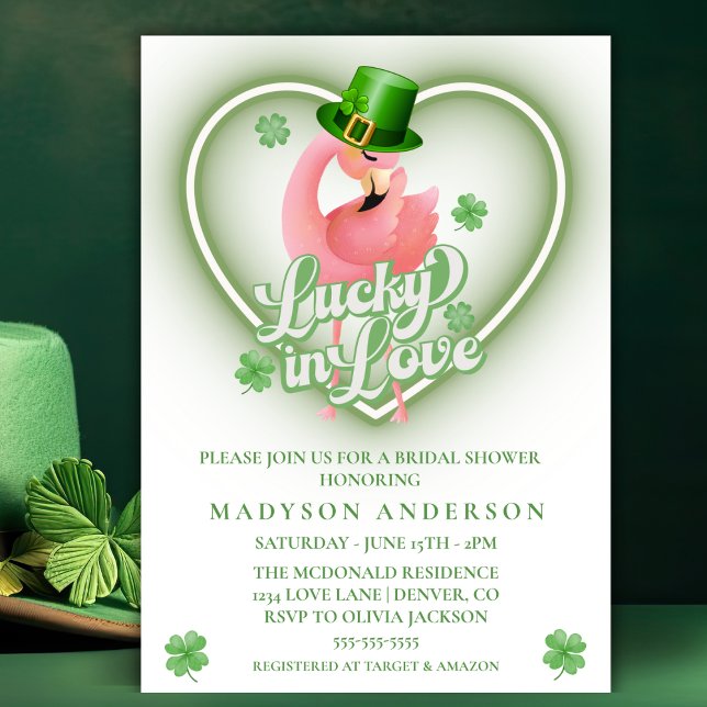 Convite Irish Flamingo Lucky In Love Chá de panela (Irish Flamingo Lucky In Love Bridal Shower Invitation)