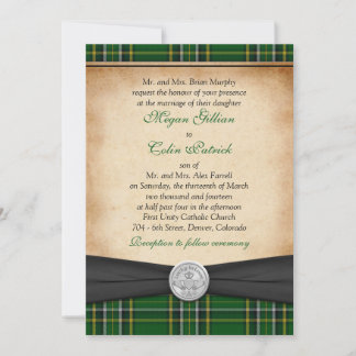 Convite Irlandês Tartan Celtic Claddagh Sortudo no Casamen