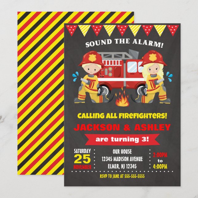Convite Irmãos Bombeiros Menina Menino Aniversário Conjunt (Frente/Verso)