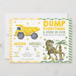 Convite Irmãos Dinossauros e de Construção Festa de Aniver