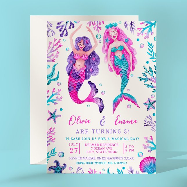 Convite Irmãs de Aniversário Conjuntas de Água-Cor (Watercolor Mermaid Joint Birthday Sisters Invitation)