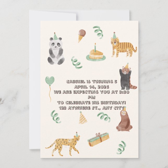 Convite irthday Invitation for Boys Cute Safari Animals (Frente)