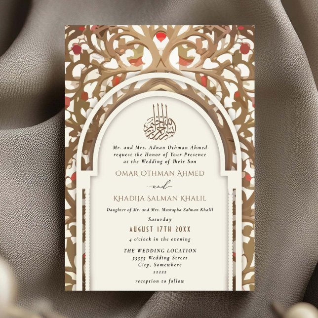 Convite Islamic Cream Traditional Mihrab Arabesque Wedding (Criador carregado)