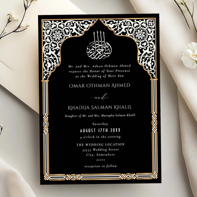 Convite Islamic Gold Black Arch Ornate Arabesque Wedding (Criador carregado)