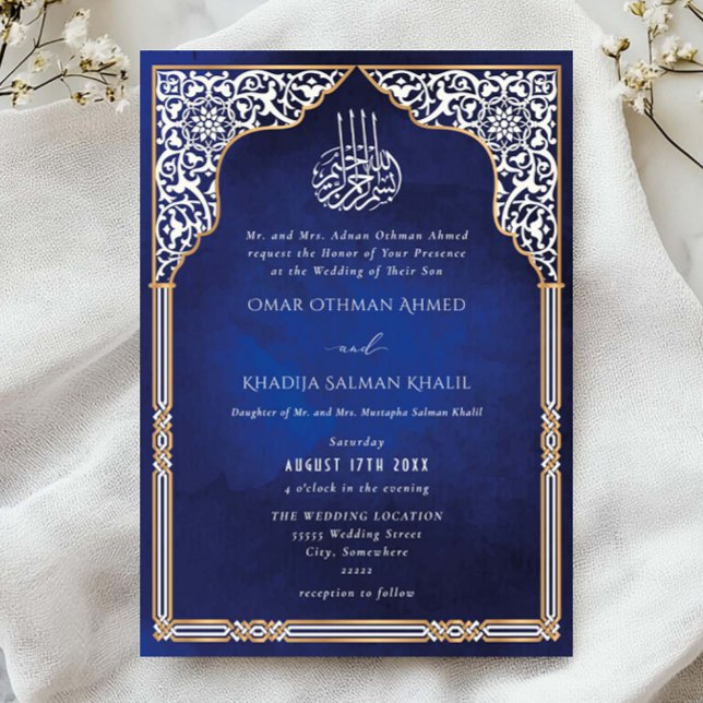 Convite Islamic Gold & Blue Arch Ornate Arabesque Wedding (Criador carregado)