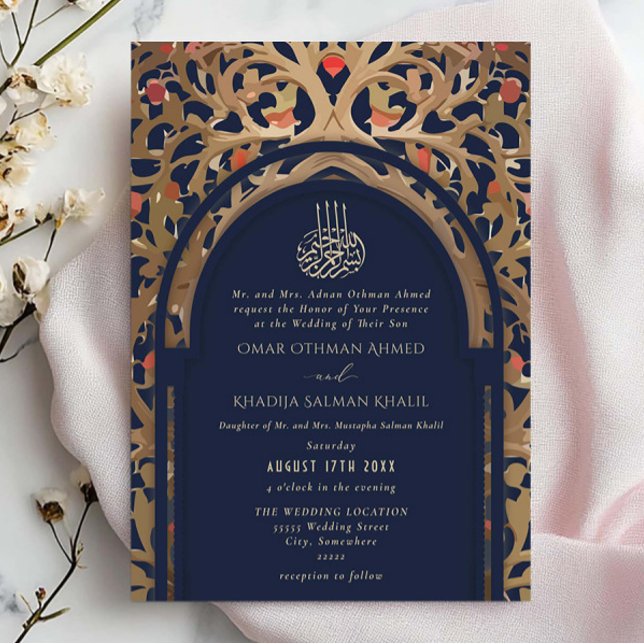 Convite Islamic Navy Blue Mihrab Arabesque Wedding (Criador carregado)