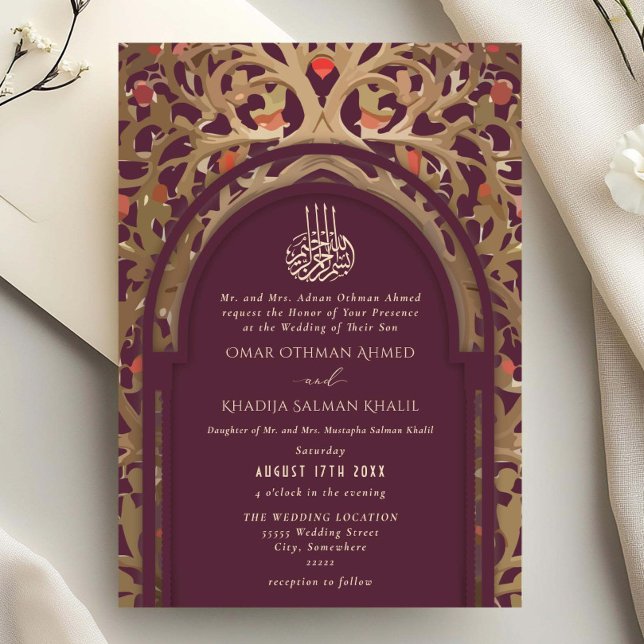 Convite Islamic Red Maroon Mihrab Arabesque Wedding (Criador carregado)