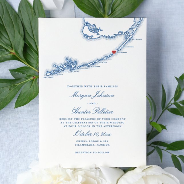 Convite Islamorada FL Mapa Casamento Azul Elegante Marinho (Islamorada Florida Keys Wedding Invitation in Elegant Navy Blue from Coastal Map Designs)