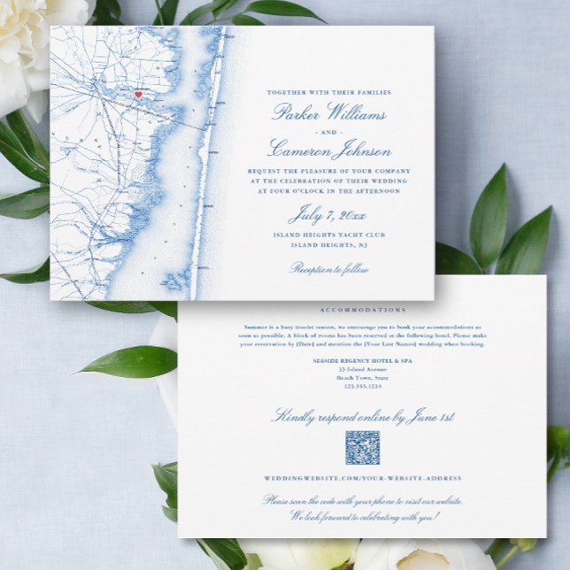 Convite Island Heights NJ código QR all-in-one RSVP Weddin (Island Heights NJ Elegant QR Code RSVP all-in-one wedding invitation with elegant navy blue map)