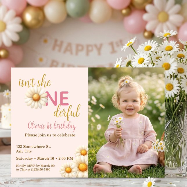 Convite Isn't She One-derful 1st Birthday Daisy Photo (Isn't She One-derful 1st Birthday Daisy Photo Invitation)