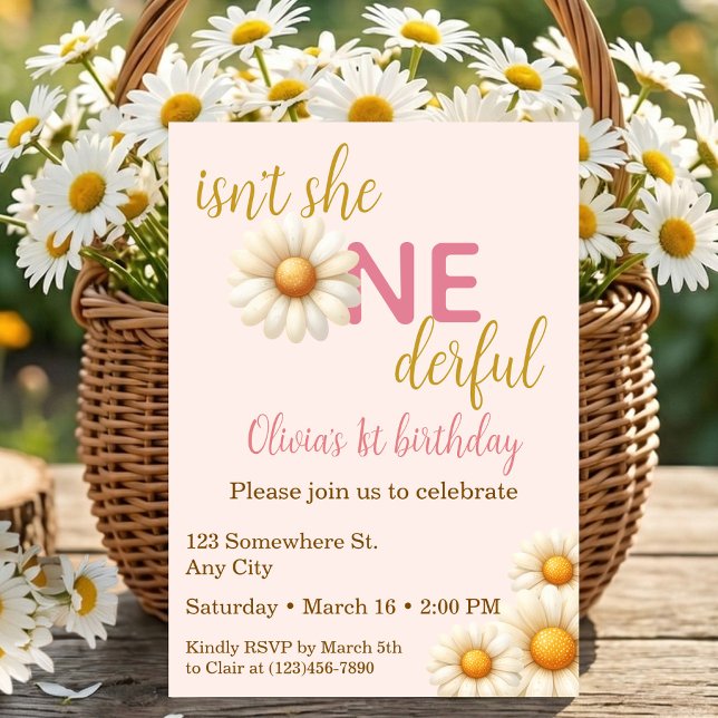 Convite Isn't She One-derful 1st Birthday Watercolor Daisy (Isn't She One-derful 1st Birthday Watercolor Daisy Invitation)